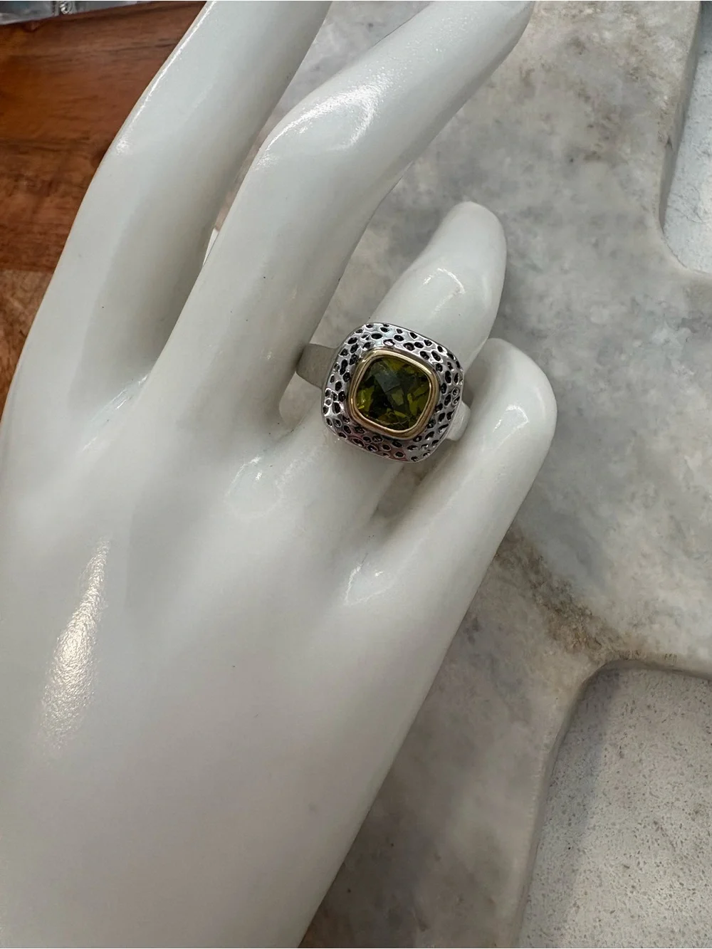 Vintage Gold Plated Ring with Olive Green Gemstone - Size 9